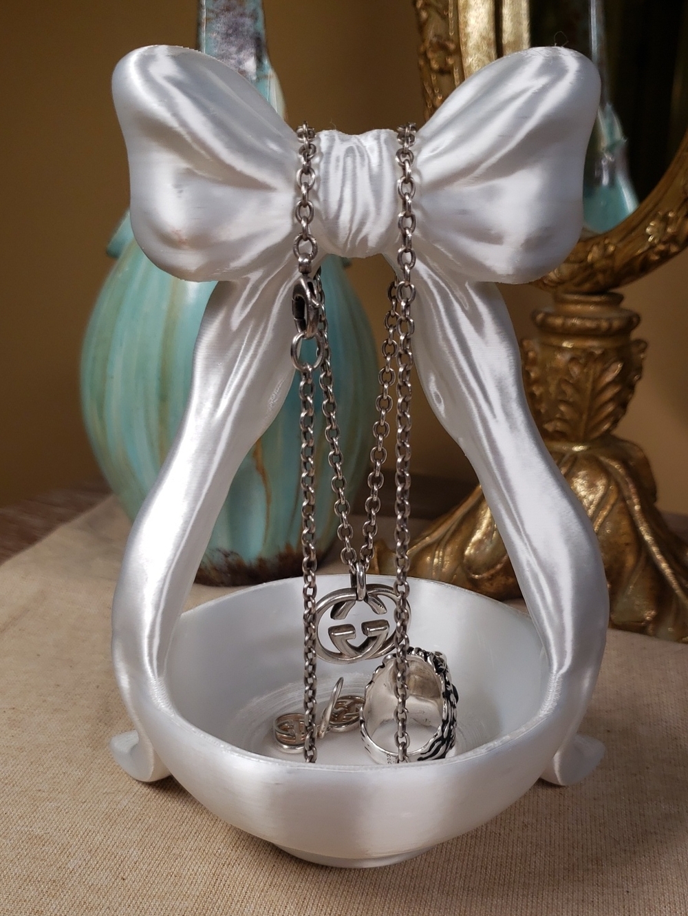 HAND CRAFTED Large Draping Bow Jewelry Keepsake Trinket Holder - Picture 6 of 7